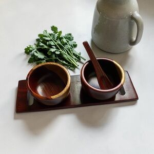Vintage Wooden Double Bowl Set with Spoon - Rich Brown and Natural Wood Trim